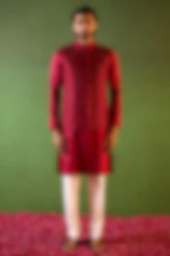 Red-Wine Dupion Silk Embroidered Waistcoat Set by Shreyansh Designs at Pernia's Pop Up Shop