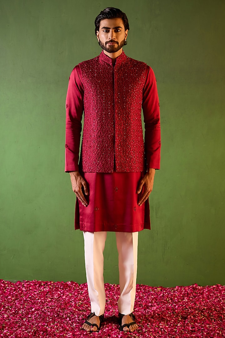 Red-Wine Dupion Silk Embroidered Waistcoat Set by Shreyansh Designs at Pernia's Pop Up Shop