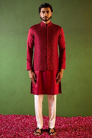 Red-Wine Dupion Silk Embroidered Waistcoat Set by Shreyansh Designs