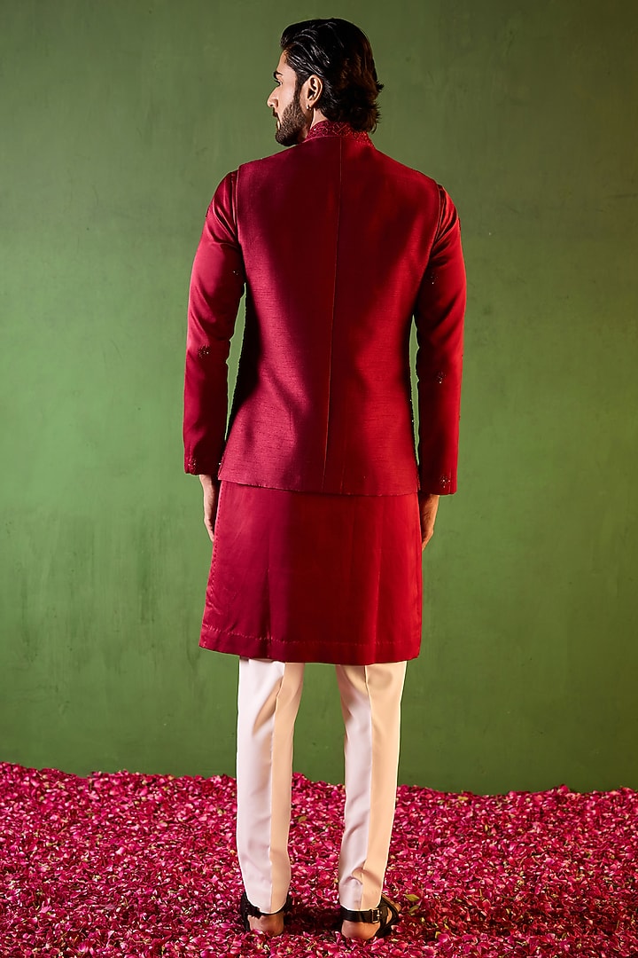 Red-Wine Dupion Silk Embroidered Waistcoat Set by Shreyansh Designs at Pernia's Pop Up Shop