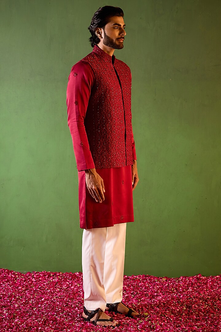 Red-Wine Dupion Silk Embroidered Waistcoat Set by Shreyansh Designs at Pernia's Pop Up Shop