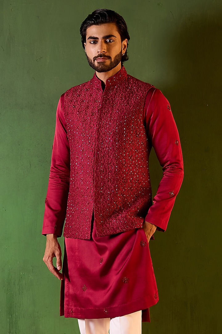 Red-Wine Dupion Silk Embroidered Waistcoat Set by Shreyansh Designs at Pernia's Pop Up Shop