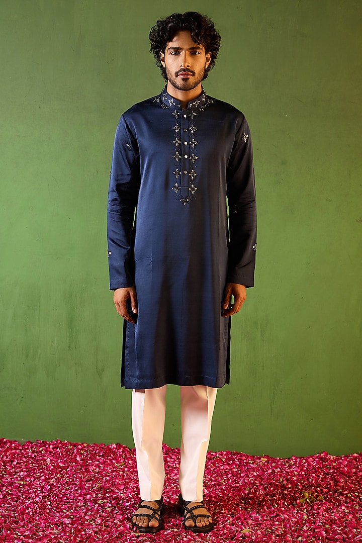Midnight Blue Swiss Blue Hand Embroidered Kurta Set by Shreyansh Designs at Pernia's Pop Up Shop