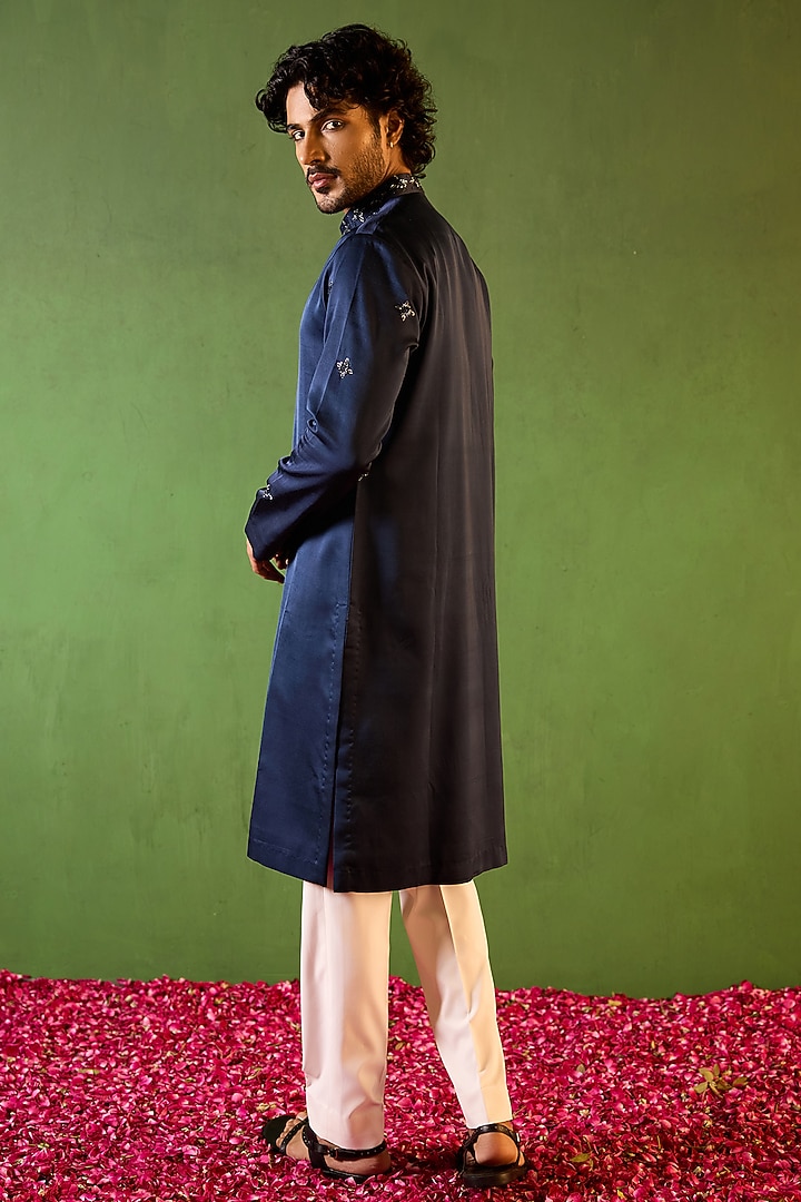 Midnight Blue Swiss Blue Hand Embroidered Kurta Set by Shreyansh Designs at Pernia's Pop Up Shop