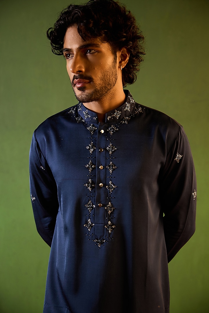 Midnight Blue Swiss Blue Hand Embroidered Kurta Set by Shreyansh Designs at Pernia's Pop Up Shop