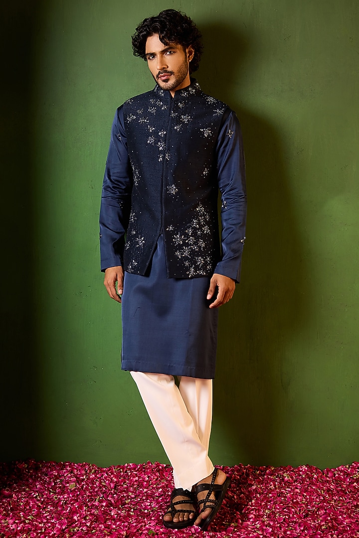Midnight Blue Dupion Silk Hand Embroidered Waistcoat Set by Shreyansh Designs at Pernia's Pop Up Shop