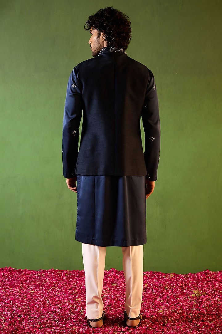 Midnight Blue Dupion Silk Hand Embroidered Waistcoat Set by Shreyansh Designs at Pernia's Pop Up Shop