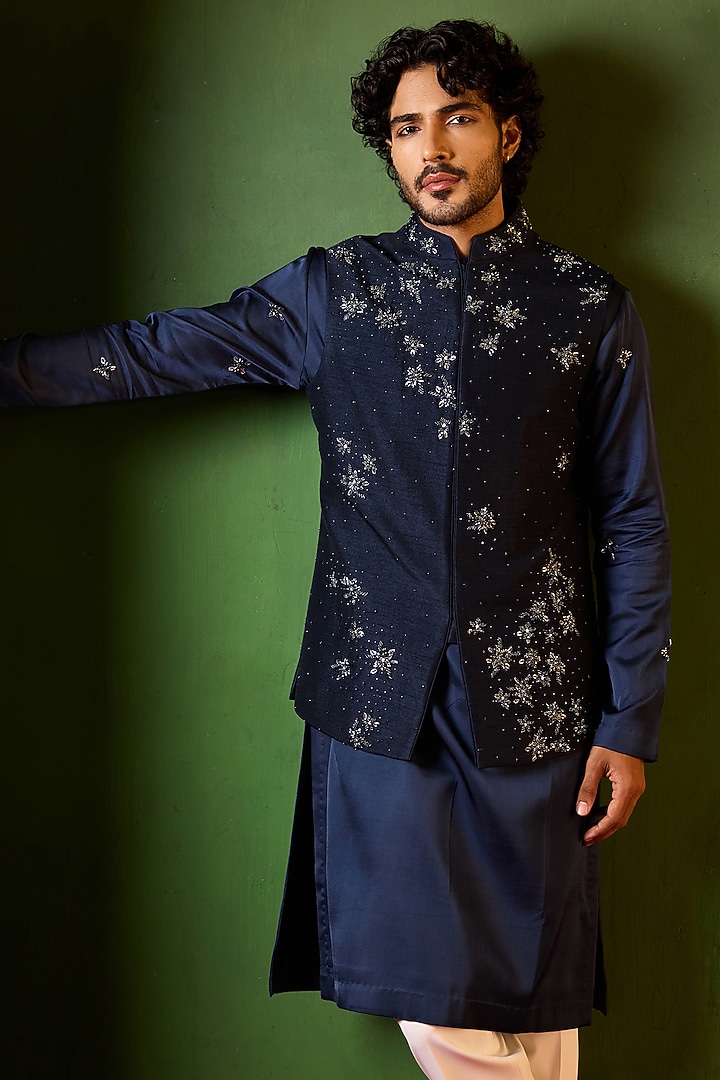Midnight Blue Dupion Silk Hand Embroidered Waistcoat Set by Shreyansh Designs at Pernia's Pop Up Shop