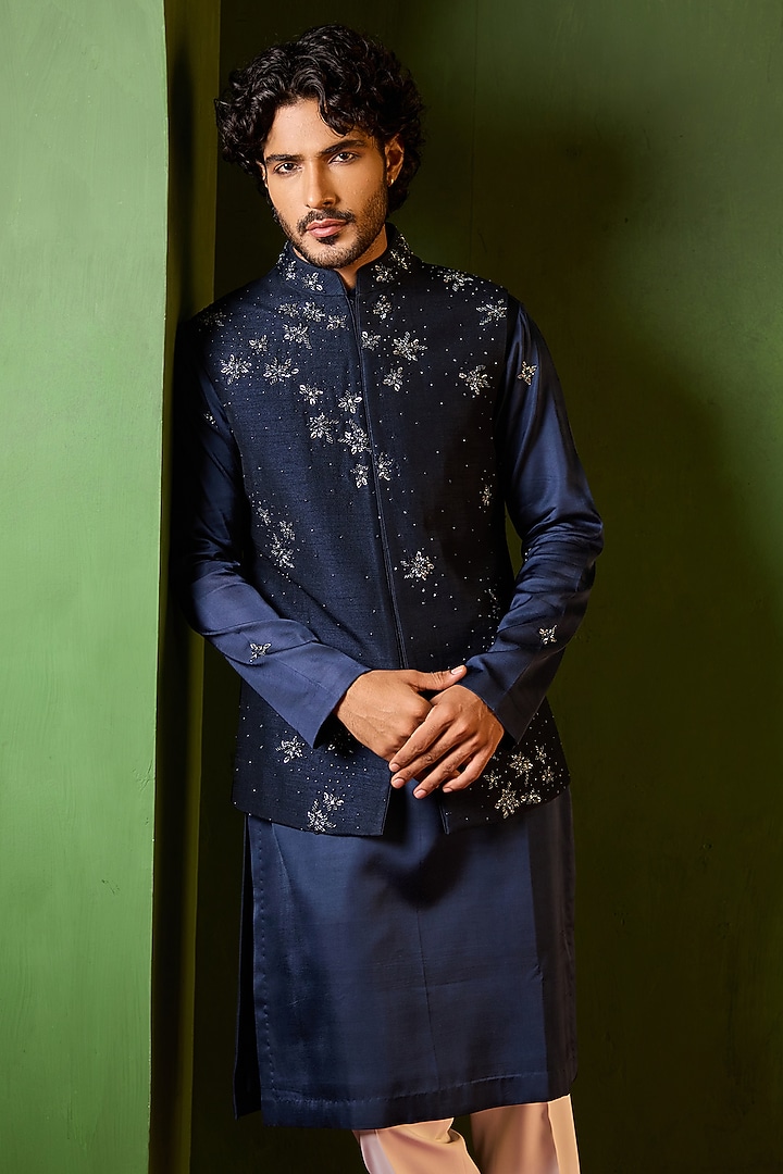 Midnight Blue Dupion Silk Hand Embroidered Waistcoat Set by Shreyansh Designs at Pernia's Pop Up Shop