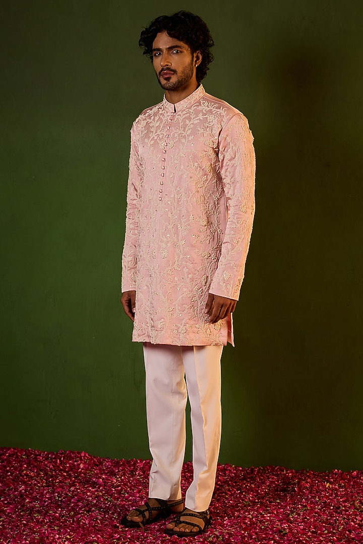 Powder Pink Swiss Silk Floral Jaal Embroidered Kurta Set by Shreyansh Designs at Pernia's Pop Up Shop