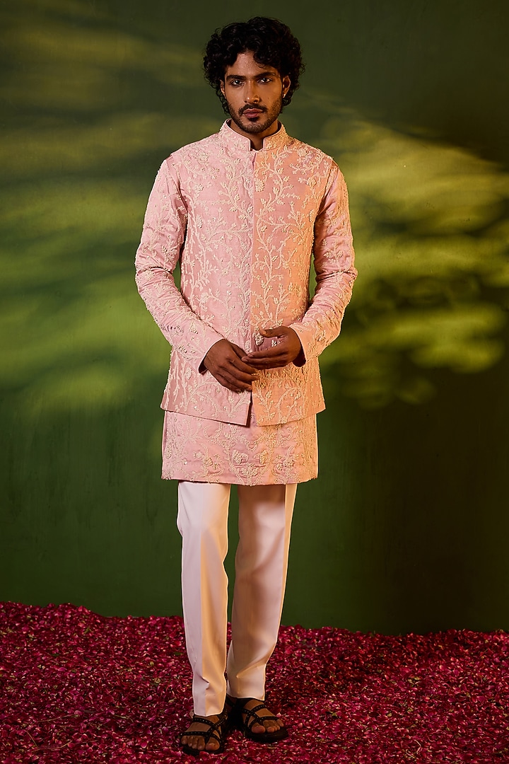 Powder Pink Dupion Silk Floral Jaal Embroidered Waistcoat Set by Shreyansh Designs at Pernia's Pop Up Shop