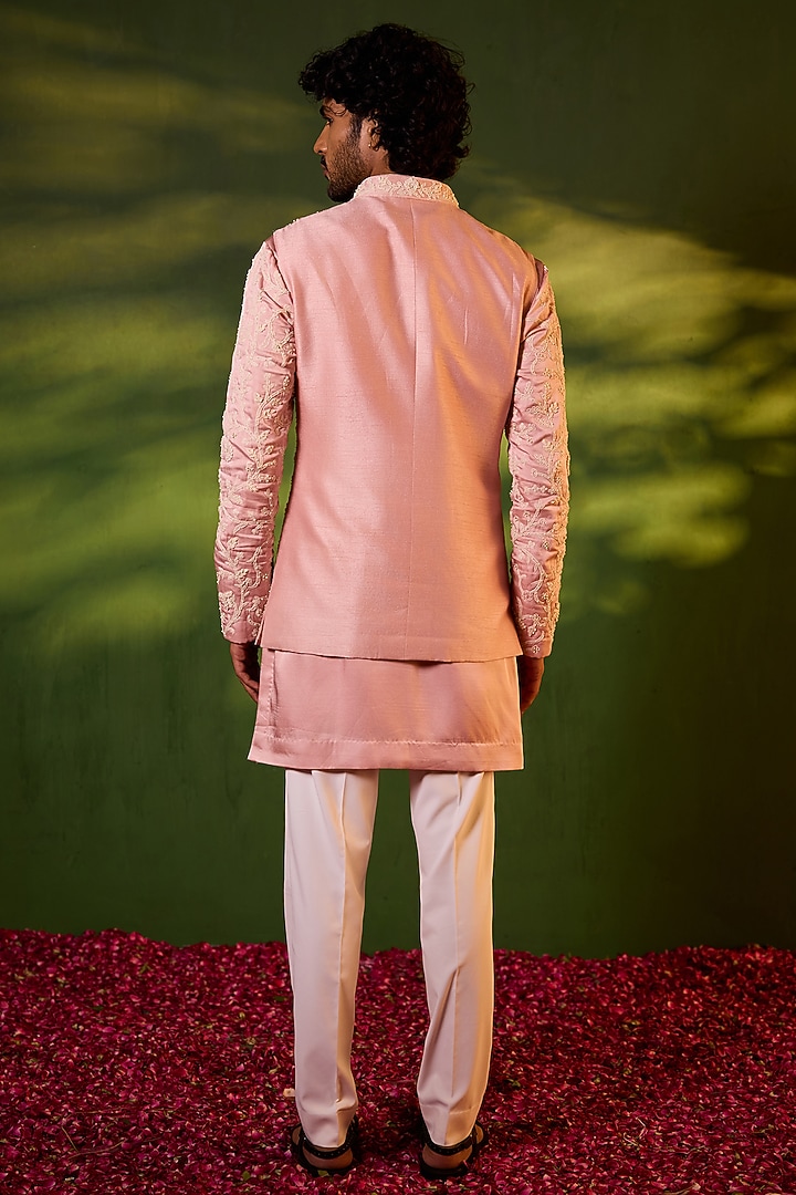 Powder Pink Dupion Silk Floral Jaal Embroidered Waistcoat Set by Shreyansh Designs at Pernia's Pop Up Shop