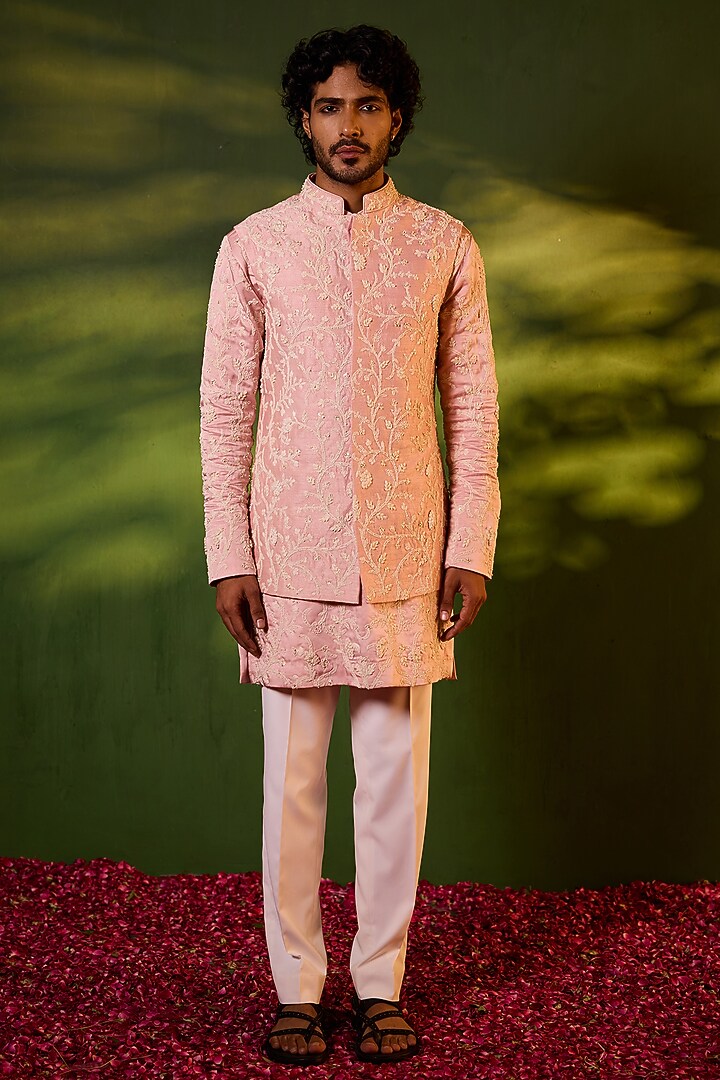 Powder Pink Dupion Silk Floral Jaal Embroidered Waistcoat Set by Shreyansh Designs at Pernia's Pop Up Shop