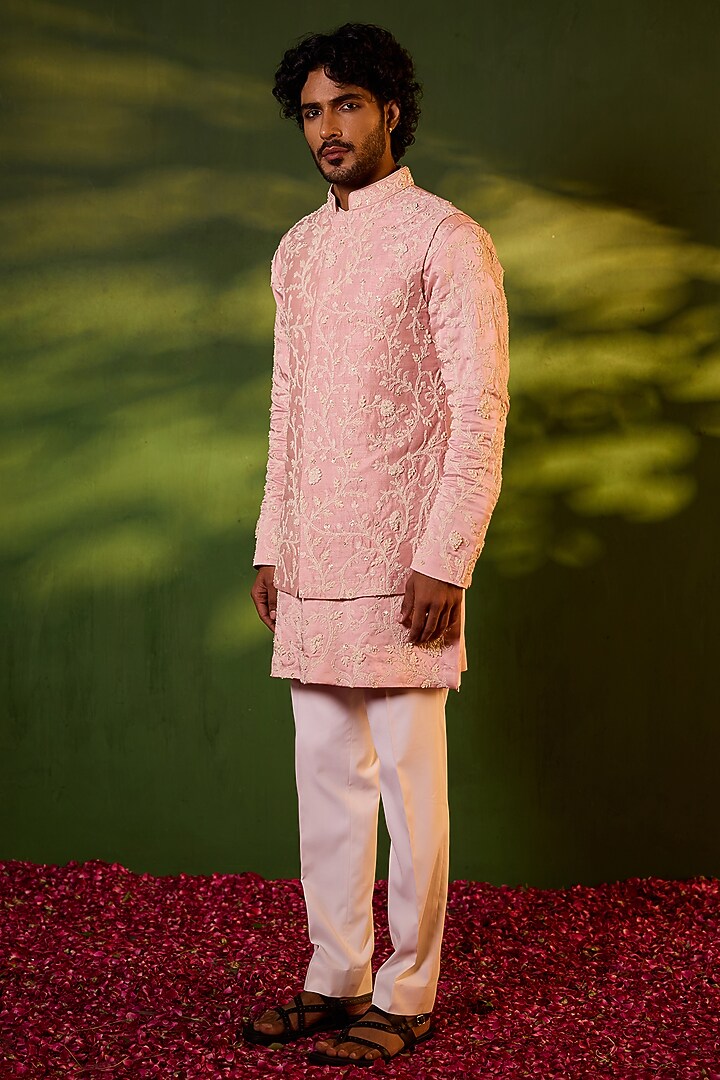 Powder Pink Dupion Silk Floral Jaal Embroidered Waistcoat Set by Shreyansh Designs at Pernia's Pop Up Shop