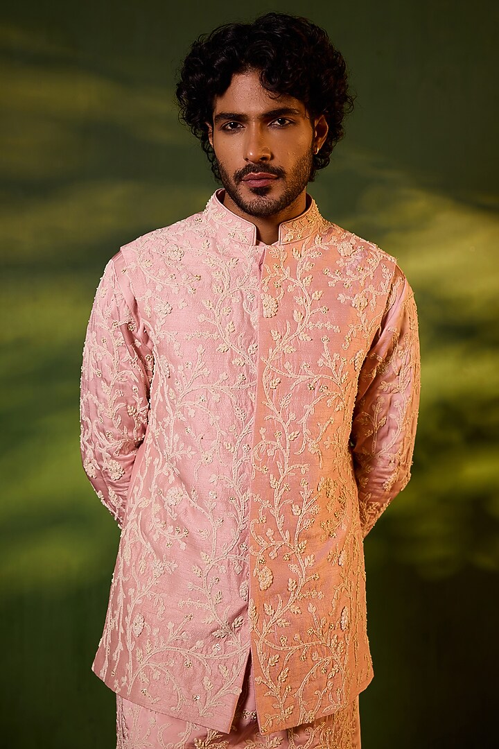 Powder Pink Dupion Silk Floral Jaal Embroidered Waistcoat Set by Shreyansh Designs at Pernia's Pop Up Shop