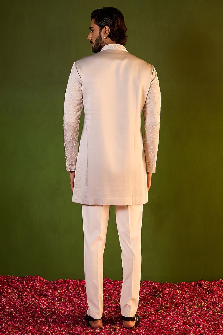 Space Grey Swiss Silk Floral Jaal Embroidered Kurta Set by Shreyansh Designs at Pernia's Pop Up Shop