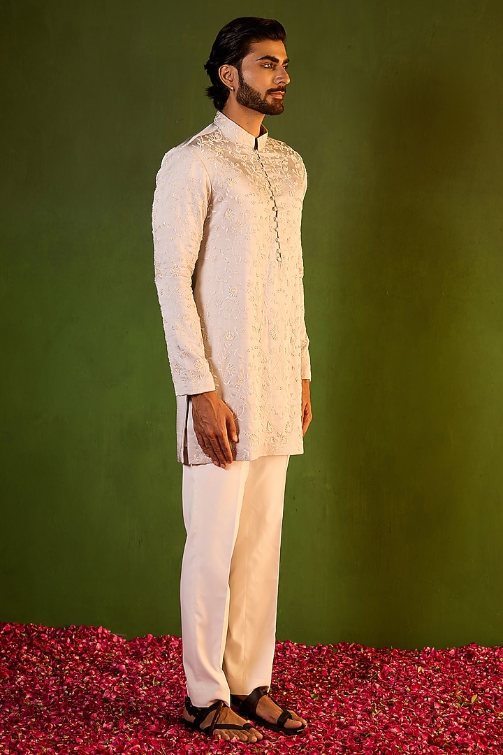 Space Grey Swiss Silk Floral Jaal Embroidered Kurta Set by Shreyansh Designs at Pernia's Pop Up Shop