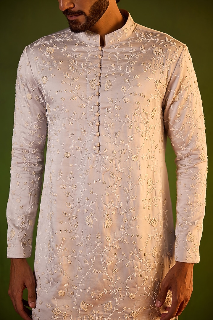 Space Grey Swiss Silk Floral Jaal Embroidered Kurta Set by Shreyansh Designs at Pernia's Pop Up Shop