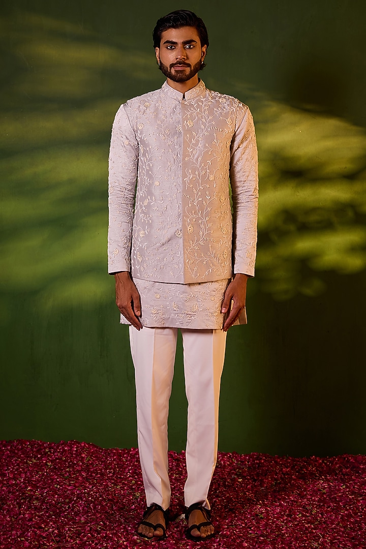 Space Grey Dupion Silk Floral Jaal Embroidered Waistcoat Set by Shreyansh Designs at Pernia's Pop Up Shop