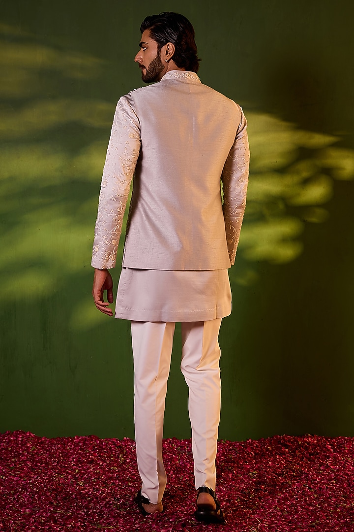 Space Grey Dupion Silk Floral Jaal Embroidered Waistcoat Set by Shreyansh Designs at Pernia's Pop Up Shop