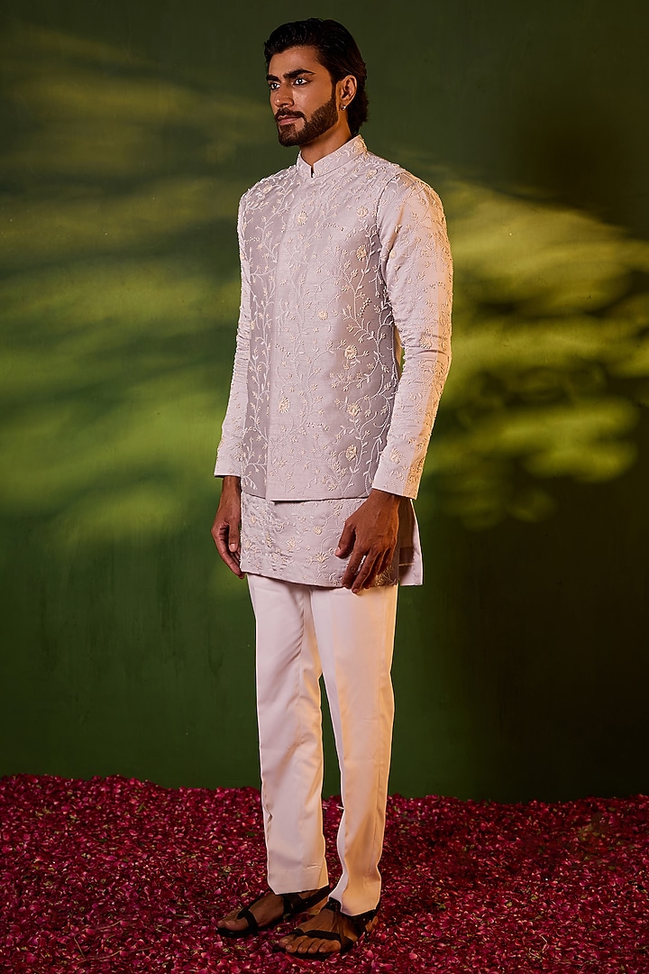 Space Grey Dupion Silk Floral Jaal Embroidered Waistcoat Set by Shreyansh Designs at Pernia's Pop Up Shop