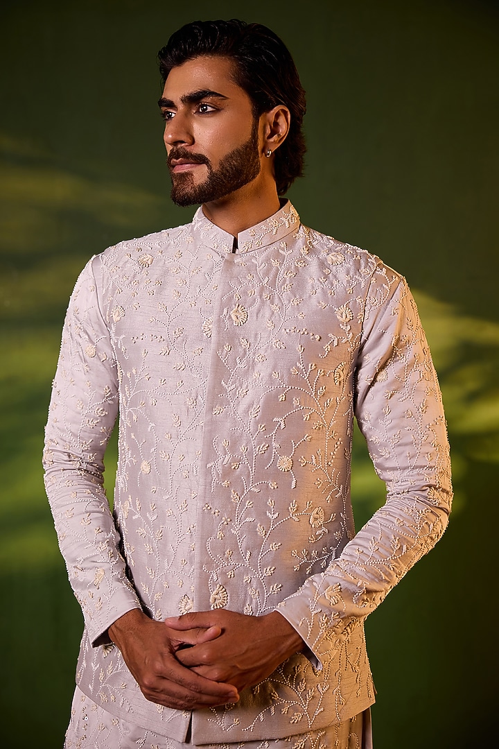 Space Grey Dupion Silk Floral Jaal Embroidered Waistcoat Set by Shreyansh Designs at Pernia's Pop Up Shop