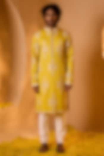 Bright Yellow Swiss Silk Mirror Work Kurta Set by Shreyansh Designs at Pernia's Pop Up Shop