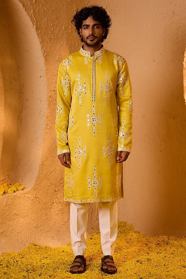 Bright Yellow Swiss Silk Mirror Work Kurta Set by Shreyansh Designs at Pernia's Pop Up Shop