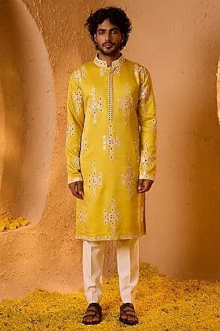 Bright Yellow Swiss Silk Mirror Work Kurta Set by Shreyansh Designs