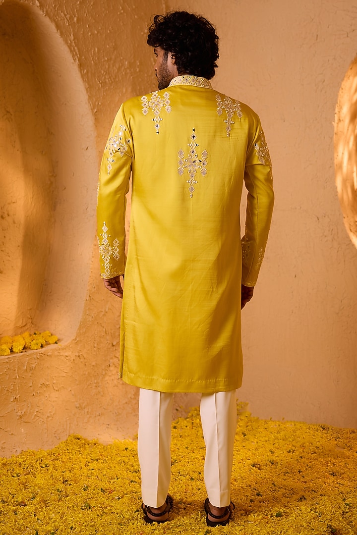 Bright Yellow Swiss Silk Mirror Work Kurta Set by Shreyansh Designs at Pernia's Pop Up Shop