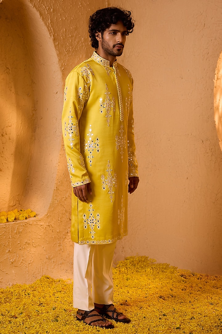 Bright Yellow Swiss Silk Mirror Work Kurta Set by Shreyansh Designs at Pernia's Pop Up Shop