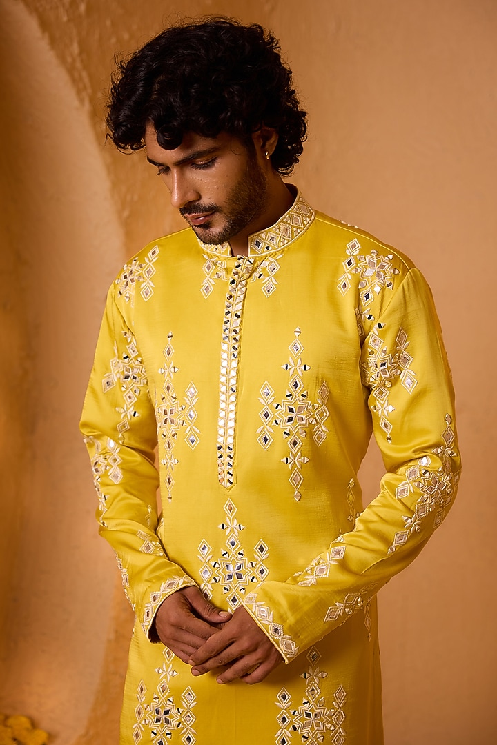 Bright Yellow Swiss Silk Mirror Work Kurta Set by Shreyansh Designs at Pernia's Pop Up Shop