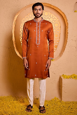 Burnt Orange Swiss Silk Mirror Work Kurta Set by Shreyansh Designs