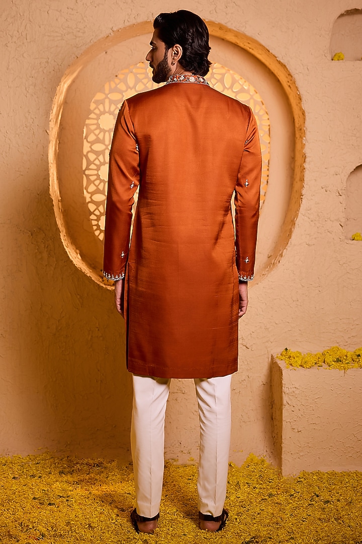 Burnt Orange Swiss Silk Mirror Work Kurta Set by Shreyansh Designs at Pernia's Pop Up Shop