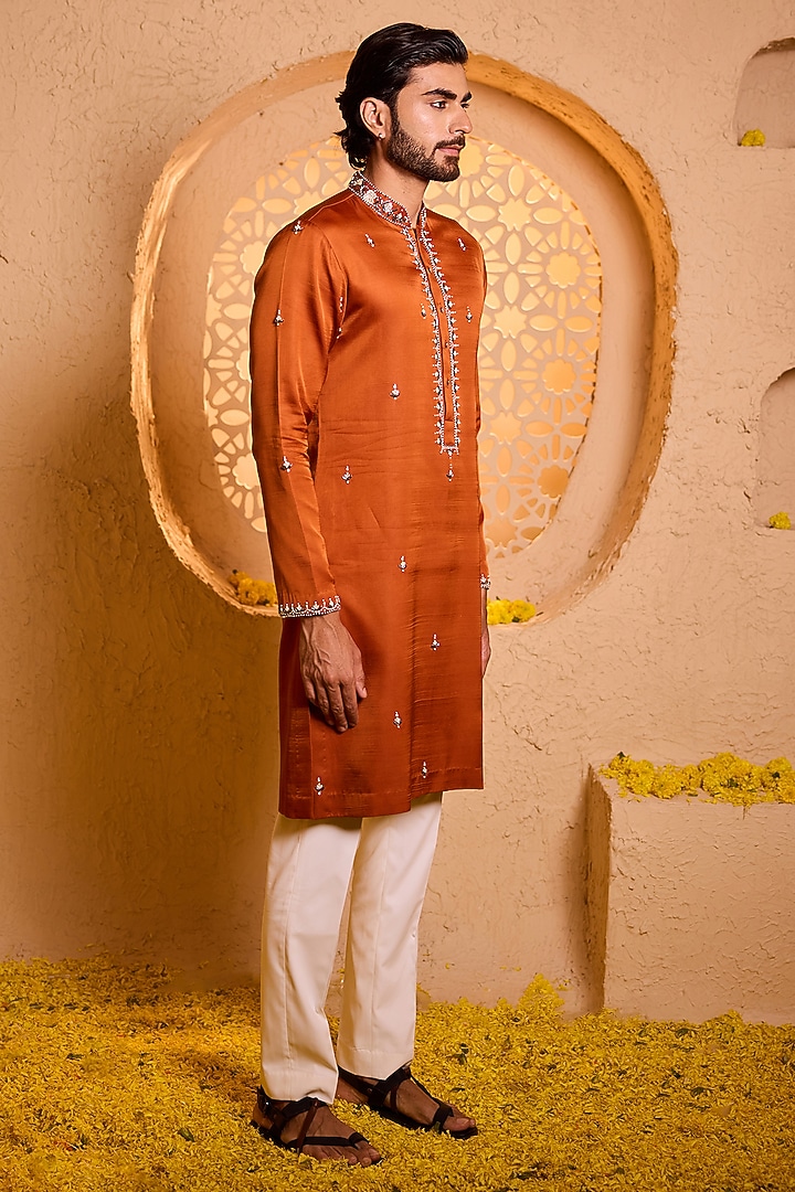 Burnt Orange Swiss Silk Mirror Work Kurta Set by Shreyansh Designs at Pernia's Pop Up Shop