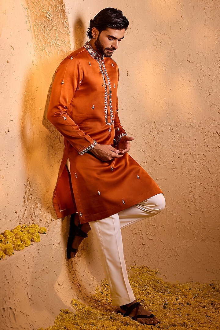 Burnt Orange Swiss Silk Mirror Work Kurta Set by Shreyansh Designs at Pernia's Pop Up Shop
