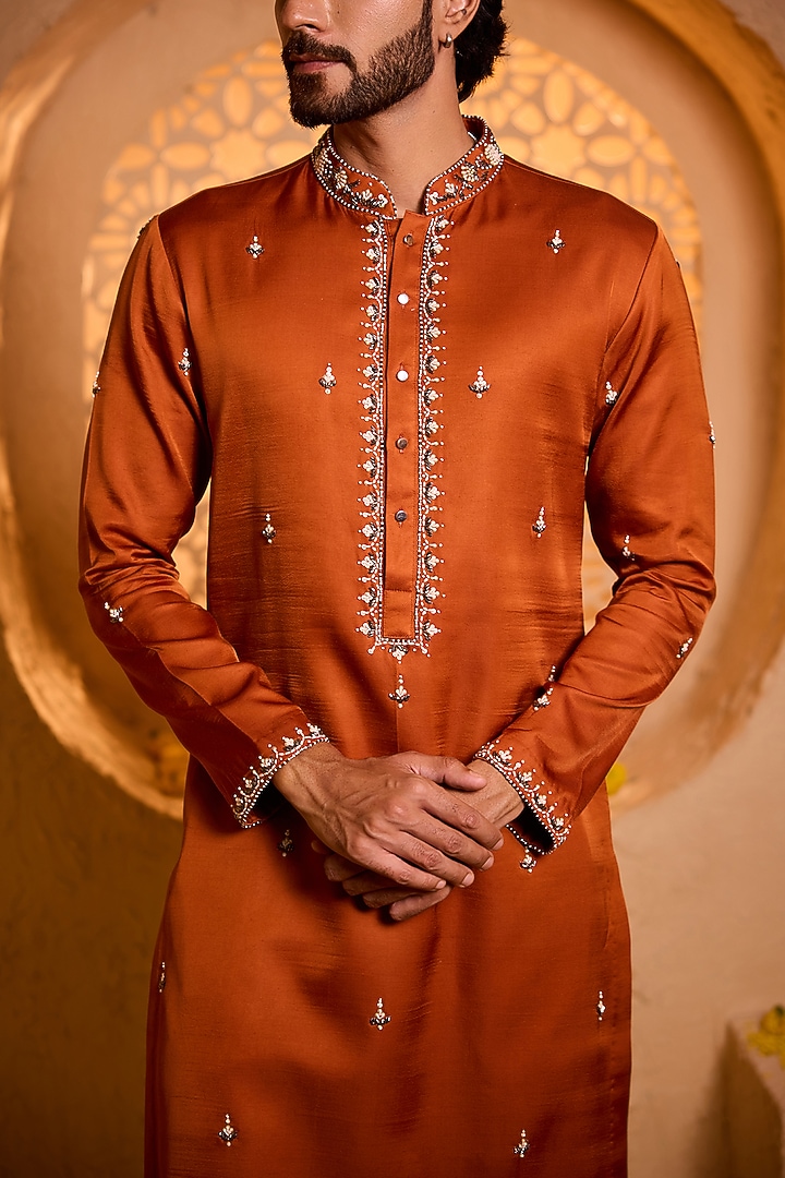 Burnt Orange Swiss Silk Mirror Work Kurta Set by Shreyansh Designs at Pernia's Pop Up Shop