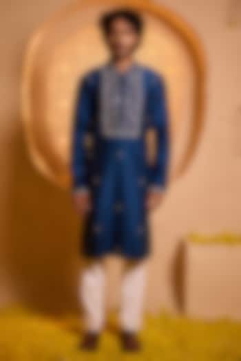 Royal Blue Swiss Silk Hand Embroidered Kurta Set by Shreyansh Designs at Pernia's Pop Up Shop