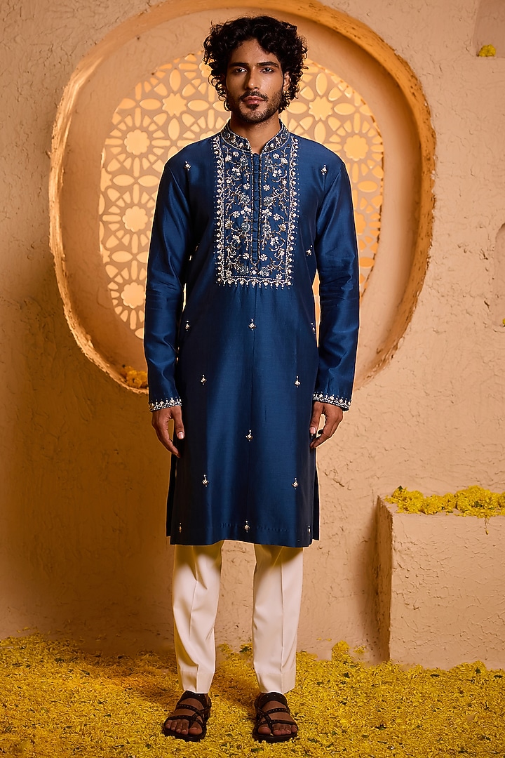Royal Blue Swiss Silk Hand Embroidered Kurta Set by Shreyansh Designs at Pernia's Pop Up Shop