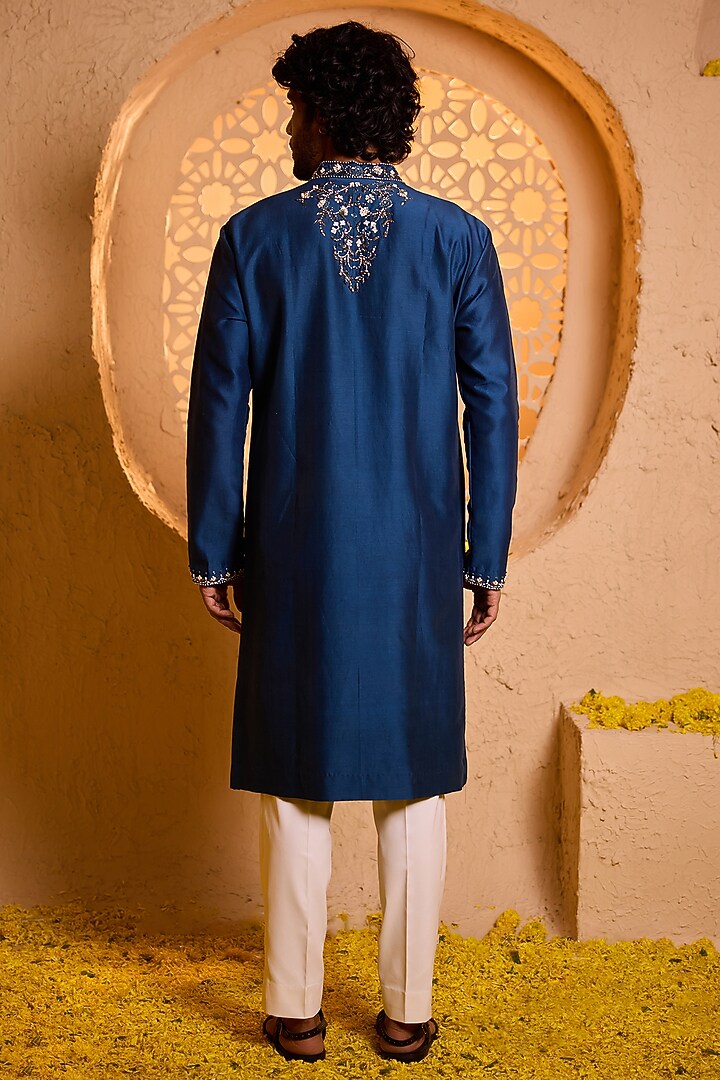 Royal Blue Swiss Silk Hand Embroidered Kurta Set by Shreyansh Designs at Pernia's Pop Up Shop