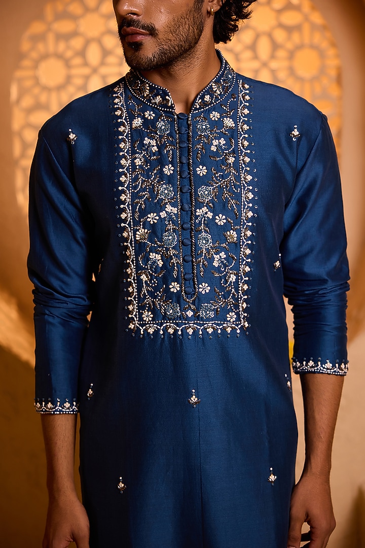 Royal Blue Swiss Silk Hand Embroidered Kurta Set by Shreyansh Designs at Pernia's Pop Up Shop
