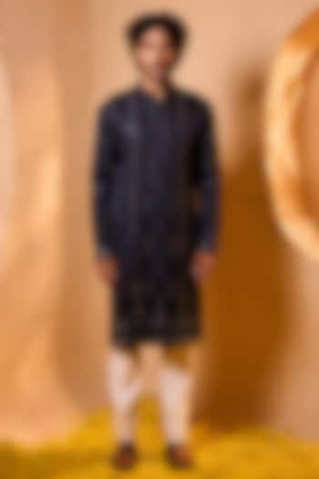 Midnight Blue Swiss Silk Hand Embroidered Kurta Set by Shreyansh Designs at Pernia's Pop Up Shop