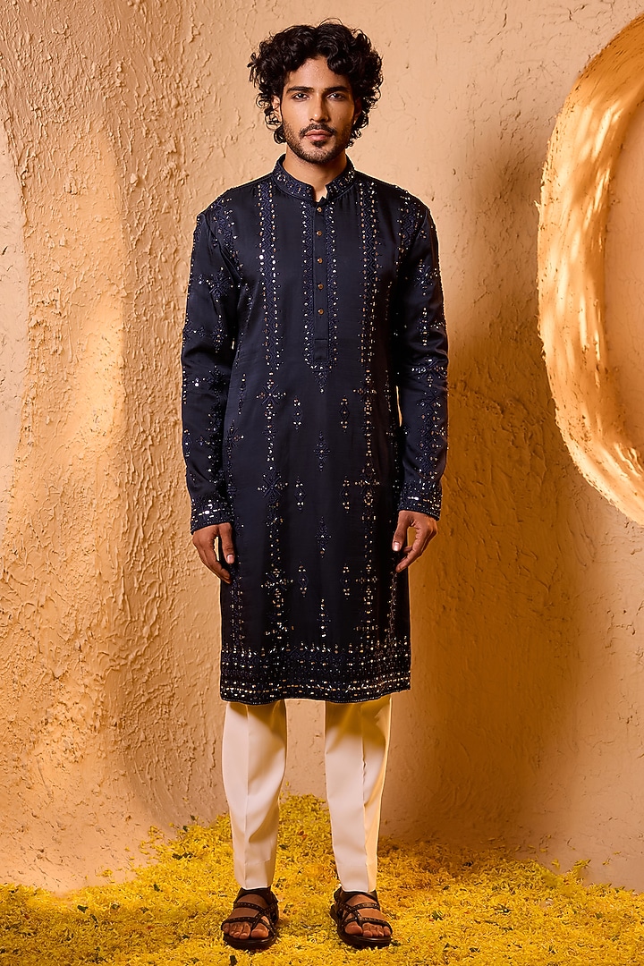 Midnight Blue Swiss Silk Hand Embroidered Kurta Set by Shreyansh Designs at Pernia's Pop Up Shop