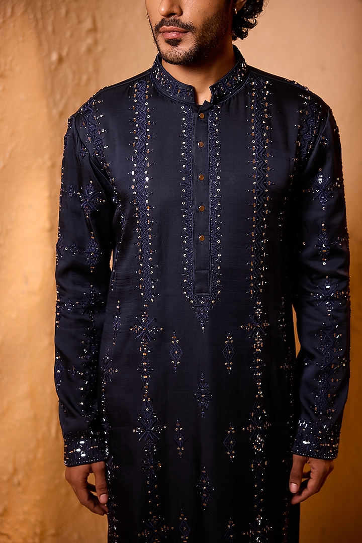 Midnight Blue Swiss Silk Hand Embroidered Kurta Set by Shreyansh Designs at Pernia's Pop Up Shop