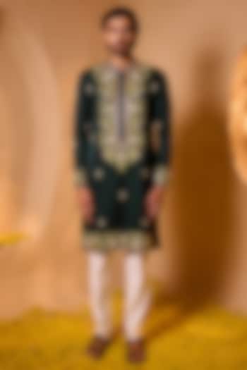 Forest Green Swiss Silk Hand Embroidered Kurta Set by Shreyansh Designs at Pernia's Pop Up Shop