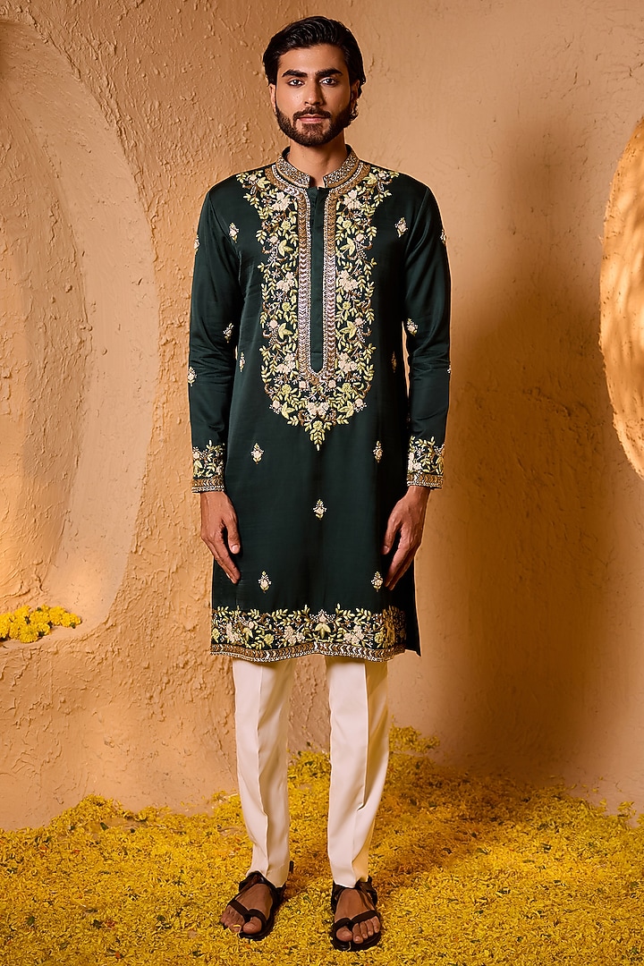 Forest Green Swiss Silk Hand Embroidered Kurta Set by Shreyansh Designs at Pernia's Pop Up Shop