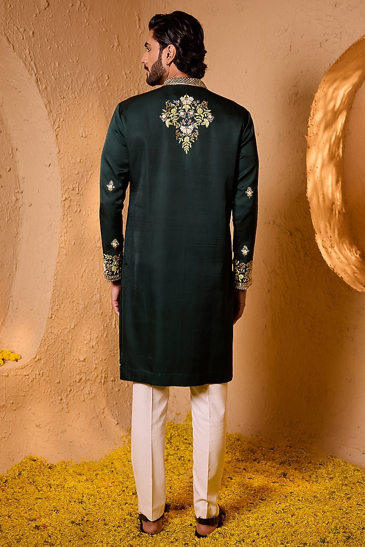 Forest Green Swiss Silk Hand Embroidered Kurta Set by Shreyansh Designs at Pernia's Pop Up Shop
