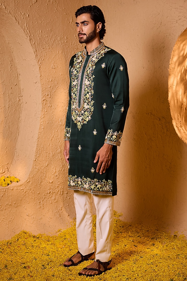 Forest Green Swiss Silk Hand Embroidered Kurta Set by Shreyansh Designs at Pernia's Pop Up Shop