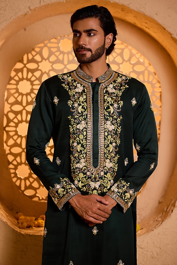 Forest Green Swiss Silk Hand Embroidered Kurta Set by Shreyansh Designs at Pernia's Pop Up Shop