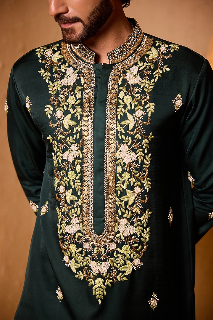 Forest Green Swiss Silk Hand Embroidered Kurta Set by Shreyansh Designs at Pernia's Pop Up Shop